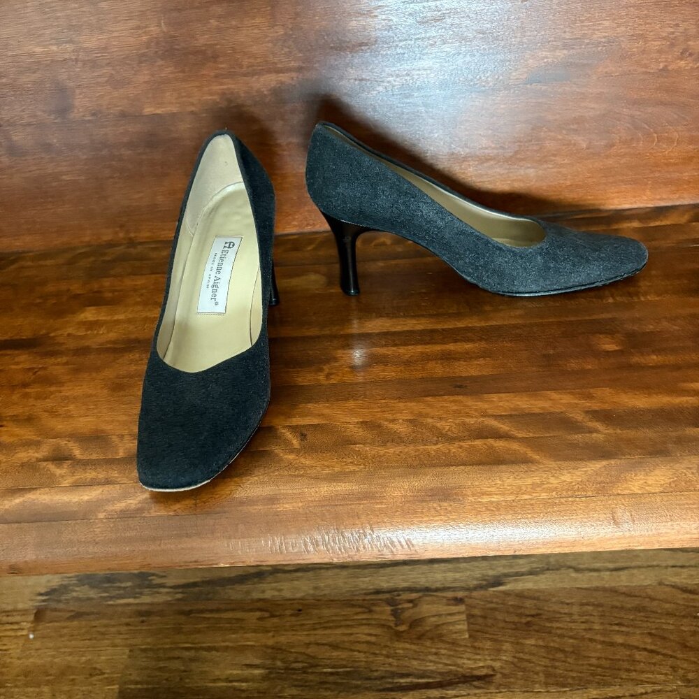 Etienne Aigner Grey Flannel Pumps Dark Silver Metallic Heels Retro Executive 9.5